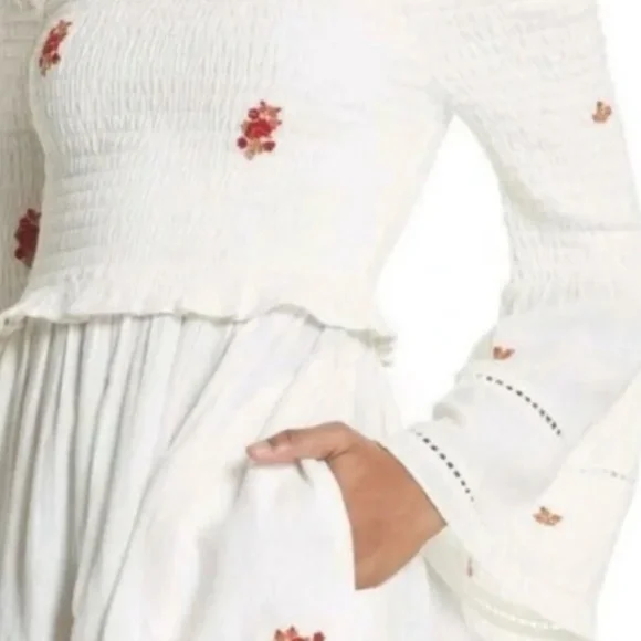 Free People White Counting Daisies Embroidered Off-The-Shoulder Dress, Sizelarge - Picture 3 of 4